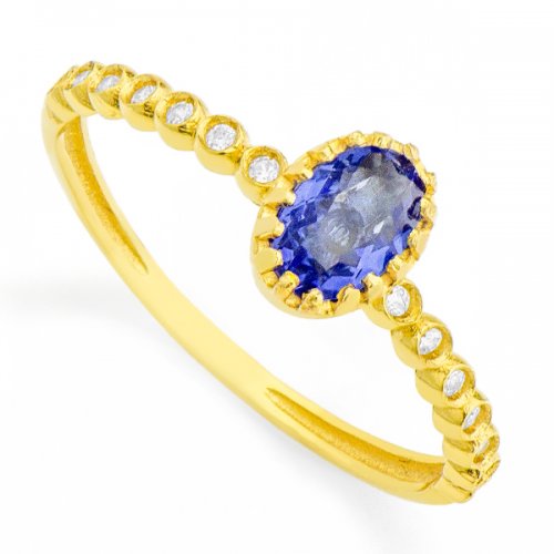 Anel em Ouro com Zircônia Azul Oval e Branca